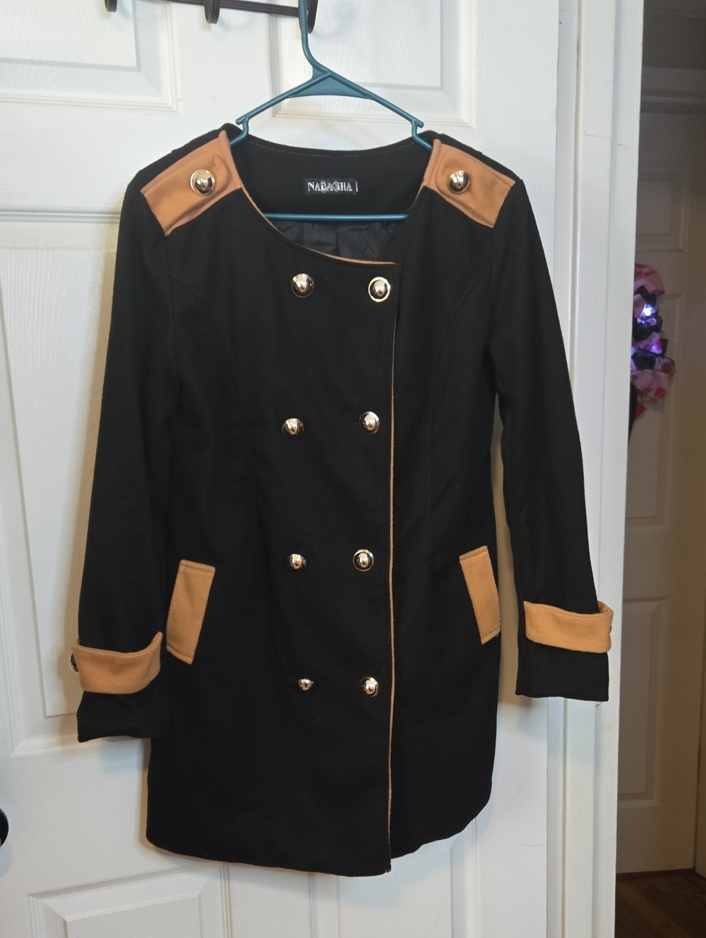 Nasty Gal Black and Camel Double-Breasted Peacoat